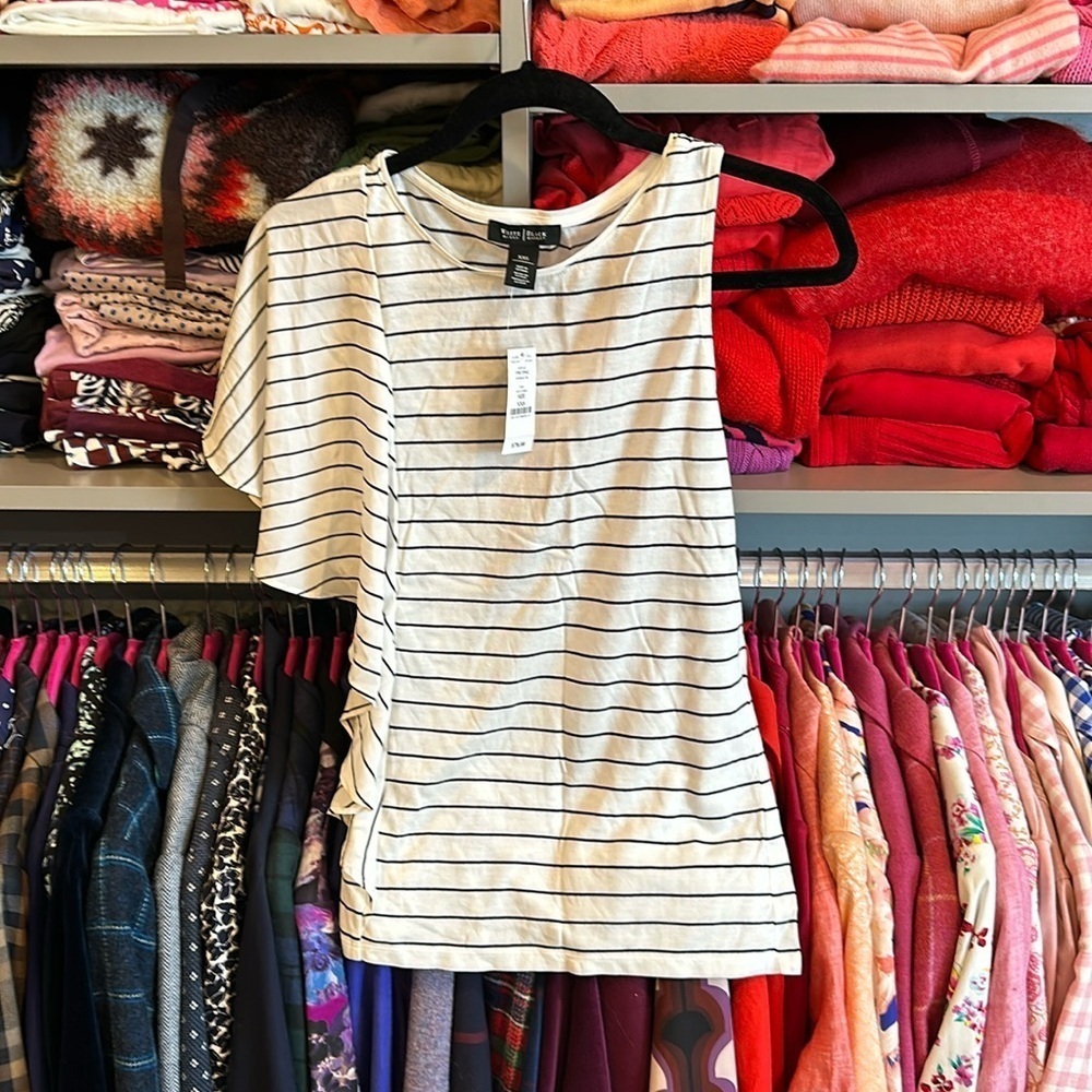 WHBM white and black striped asymmetrical short sleeve t shirt size XXS NWT
